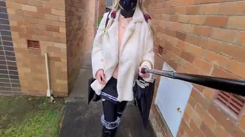 Exhibitionist hoe Flashing In A Fur Coat By A Busy Road