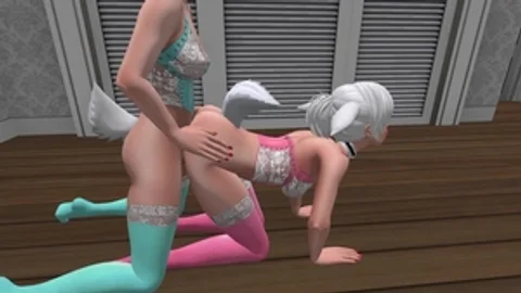 2 Bunny beauties In Bright Colored nylons & underware doggy style Sex - SL anime Furry