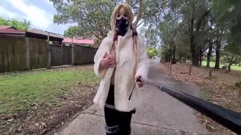 Exhibitionist hoe Flashing In A Fur Coat By A Busy Road
