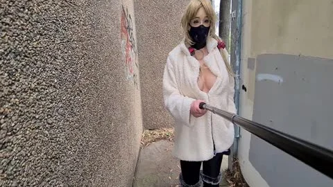 Exhibitionist hoe Flashing In A Fur Coat By A Busy Road